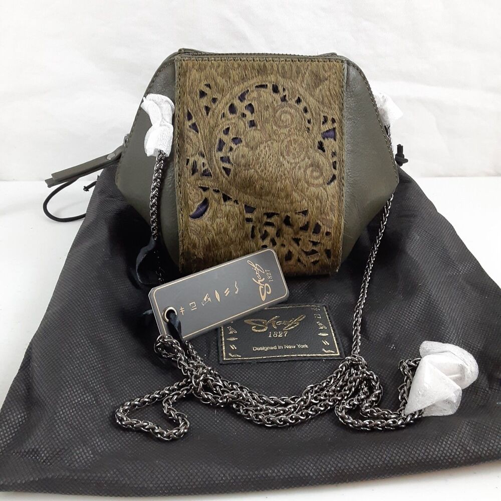 Sharif Chainlink Crossbody Small Bag Dark Green & Purple Cut Out Design NEW